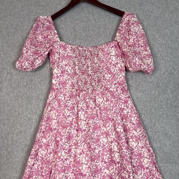 O.P.T Pink Floral Square Neck Short Puff Sleeve Midi Dress Size Small - Picture 7 of 11